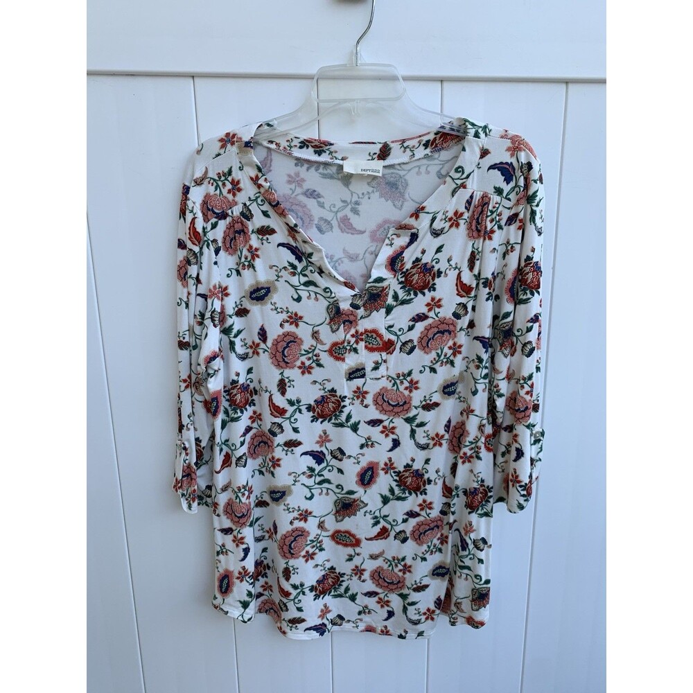 Dept 222 Top Large Women’s Floral V Neck 3/4 Sleeve White